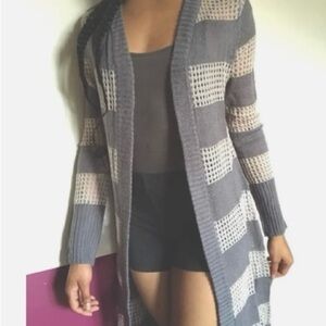 MUDD Grey Striped Over Coat Cardigan Long KNEE duster Sweater medium